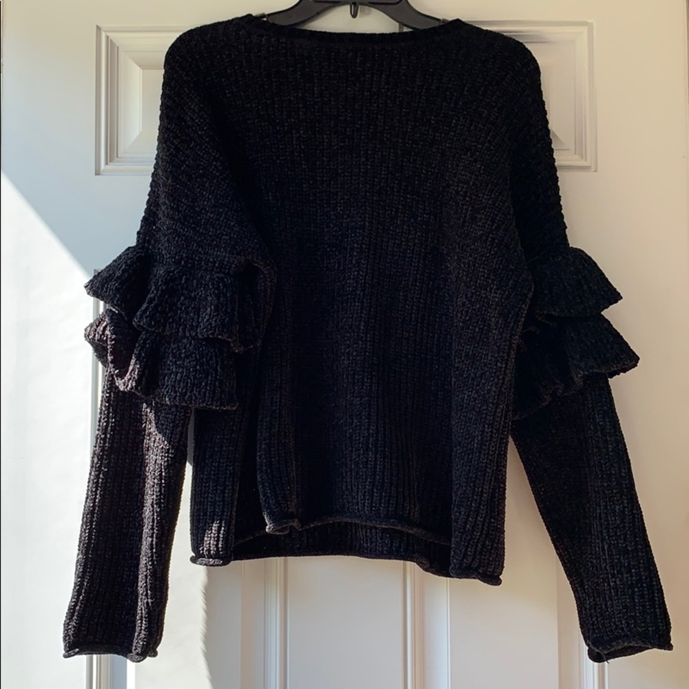 Blue-Black Sweater with Ruffled Sleeve design